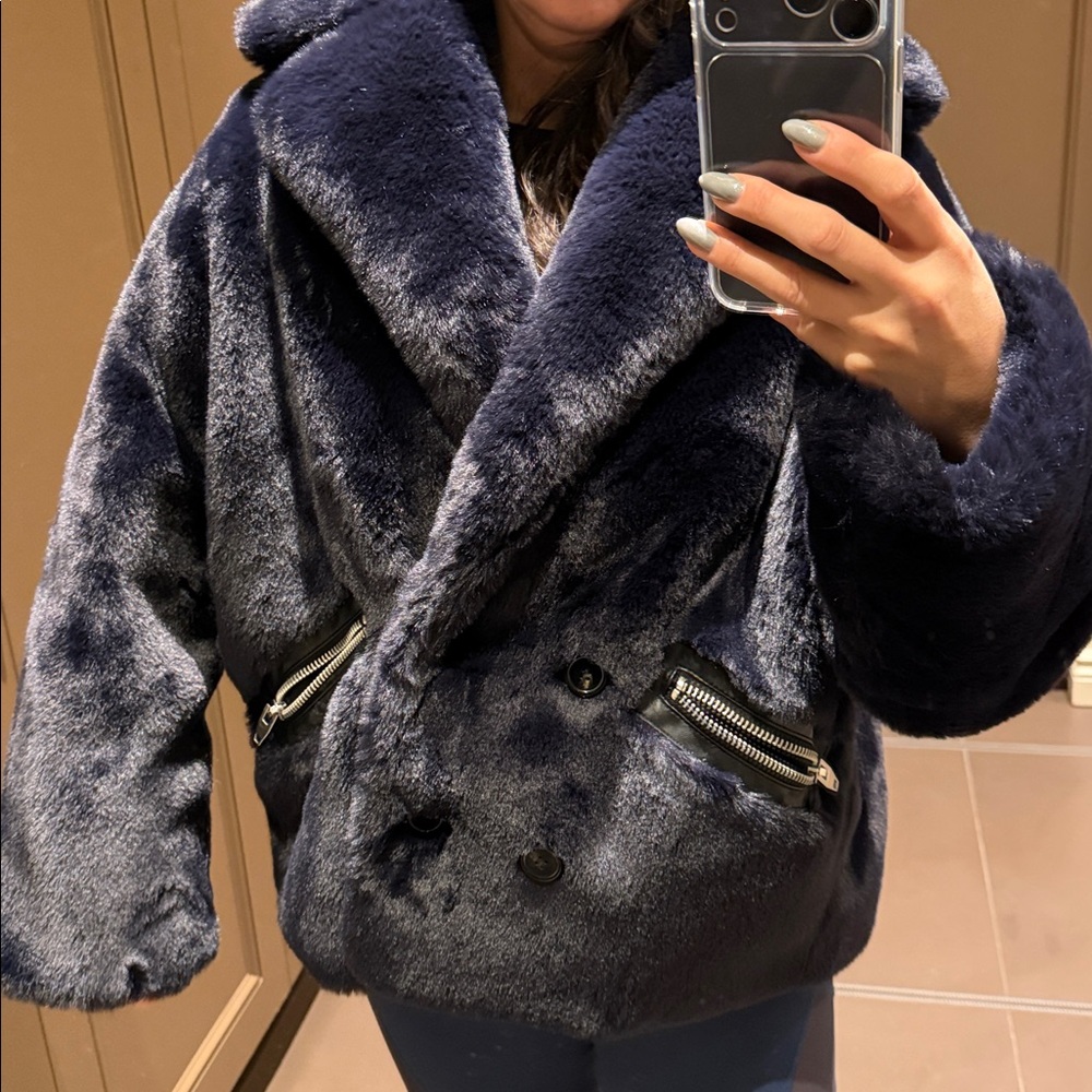 Kooples Luxurious Navy Faux Fur Jacket - Picture 10 of 10
